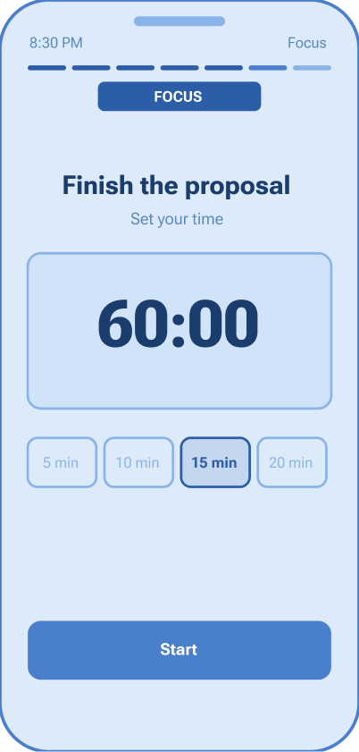 Unwind screen — set your break length before starting